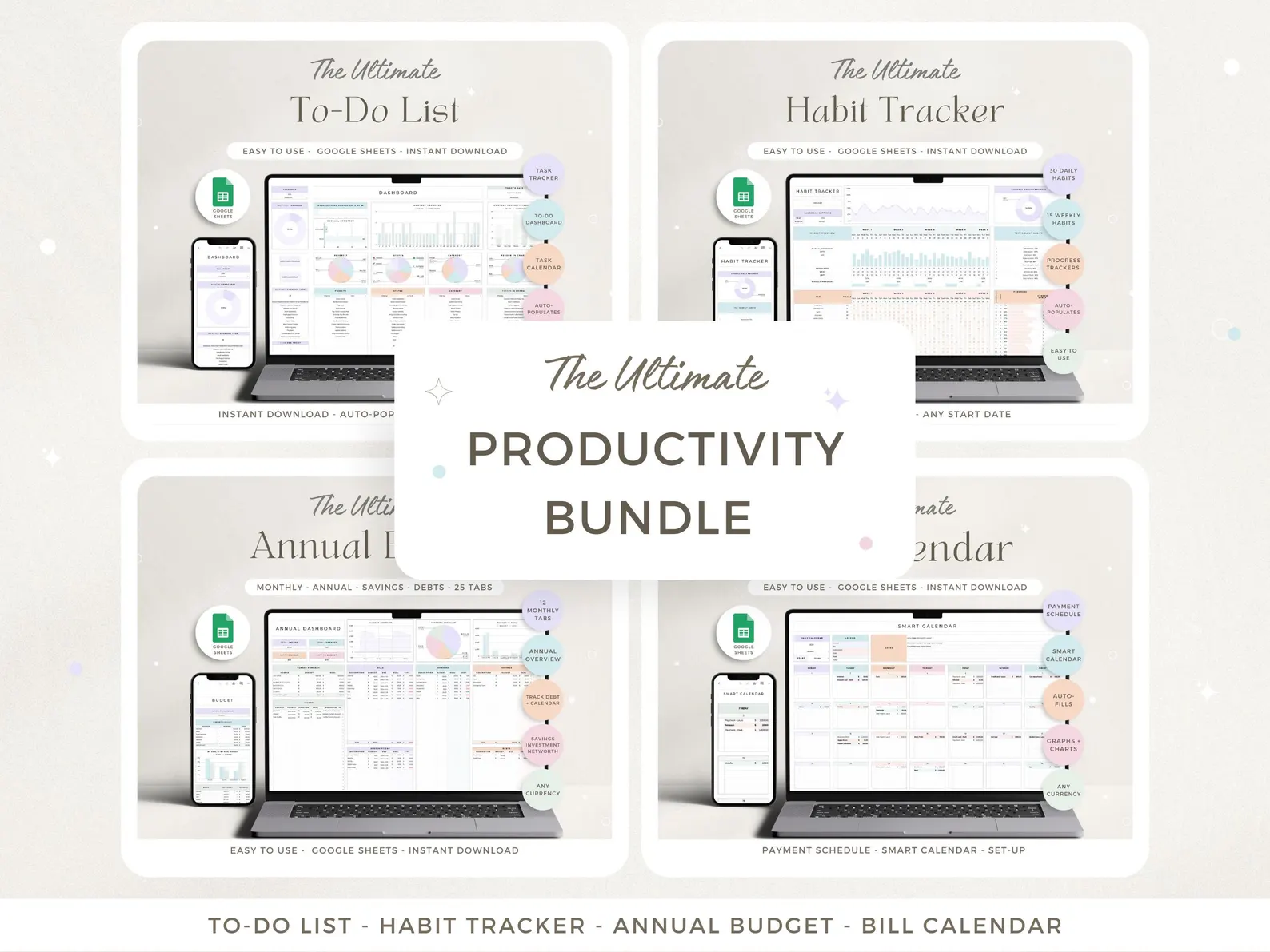 Productivity Planner Bundle Spreadsheet To-Do List Template Task Tracker Budget Google Sheets 2025 Calendar 2025 Habit Tracker Organization