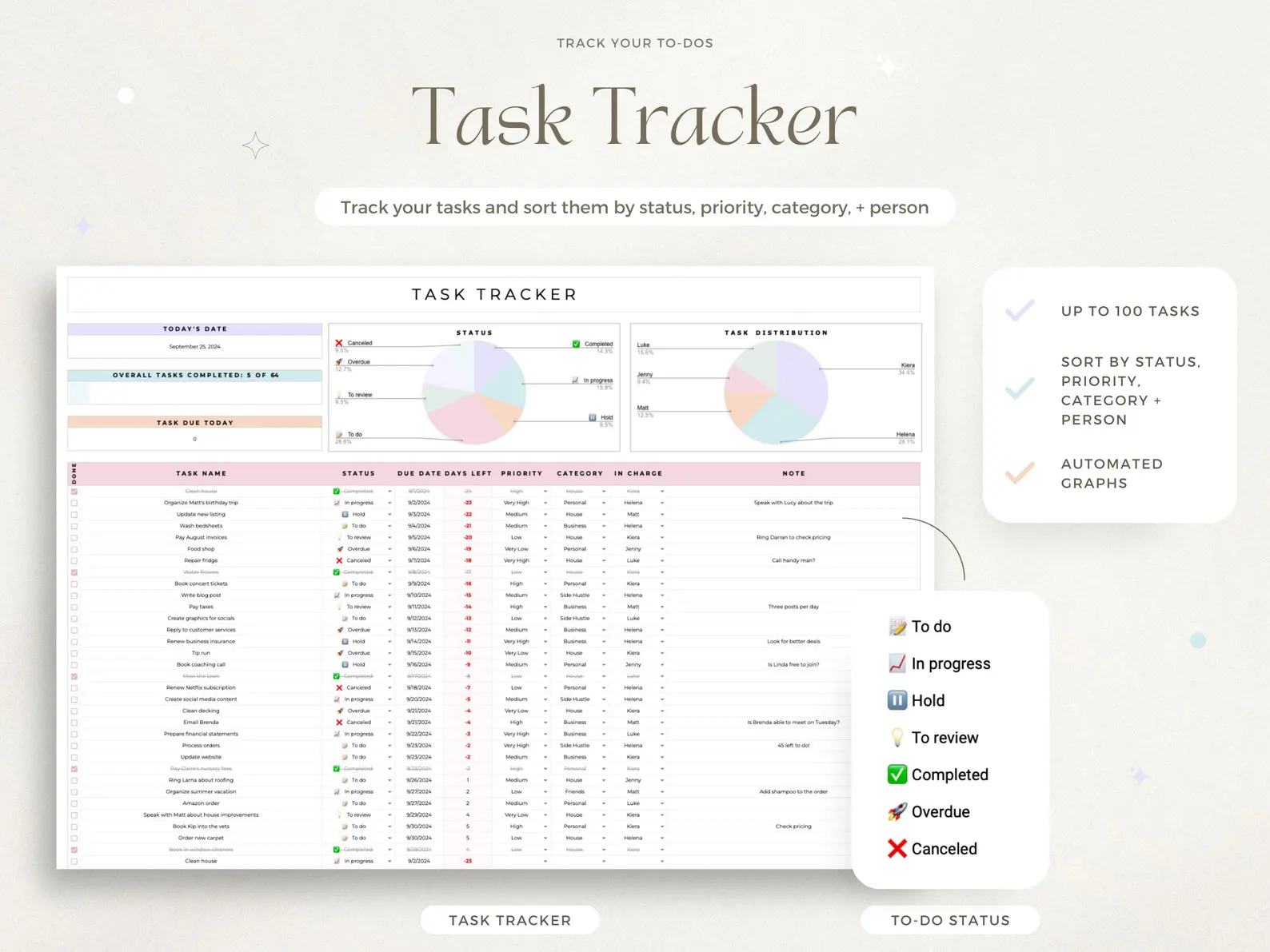 Productivity Planner Bundle Spreadsheet To-Do List Template Task Tracker Budget Google Sheets 2025 Calendar 2025 Habit Tracker Organization - Image 6