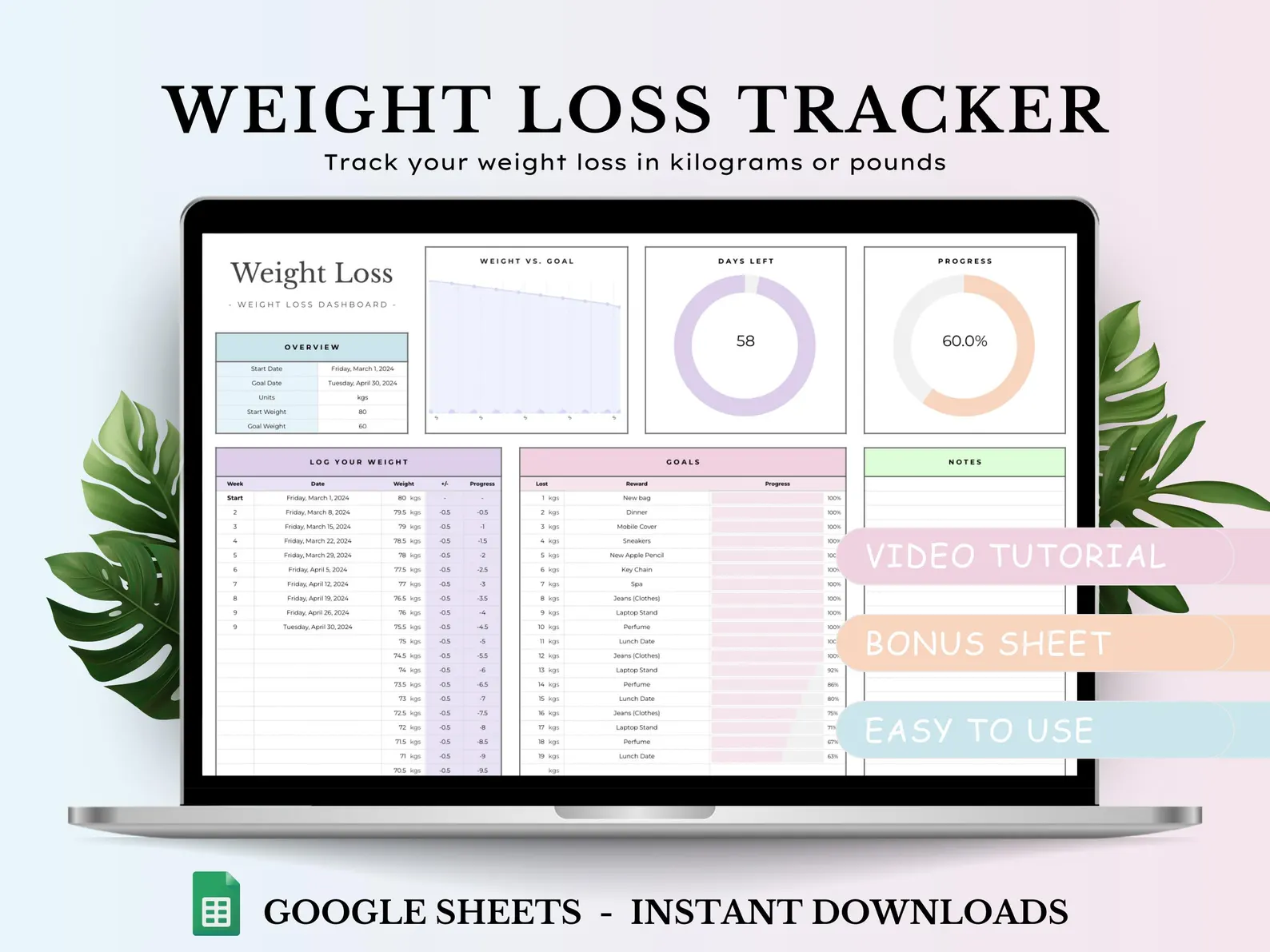 Weight Loss Tracker Spreadsheet for Google Sheets, Weight Journal, Weight Loss Planner, Daily Weekly Weigh-in Chart, Body Measurement Log