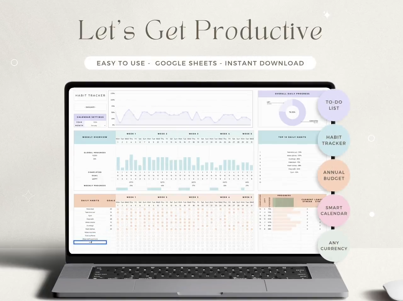 Productivity Planner Bundle Spreadsheet To-Do List Template Task Tracker Budget Google Sheets 2025 Calendar 2025 Habit Tracker Organization - Image 3